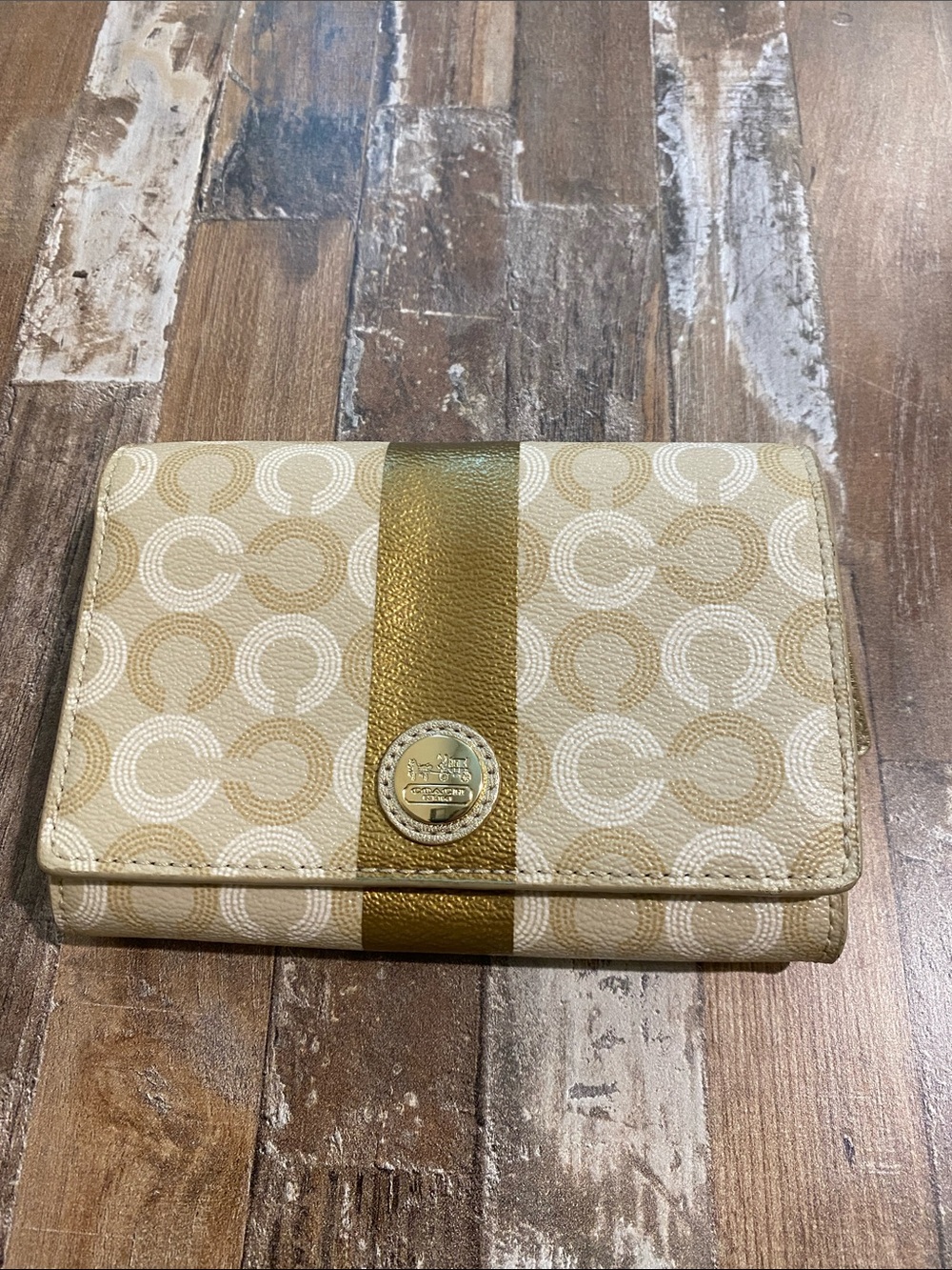 Coach Beige Signature Compact Wallet with Gold Center Stripe